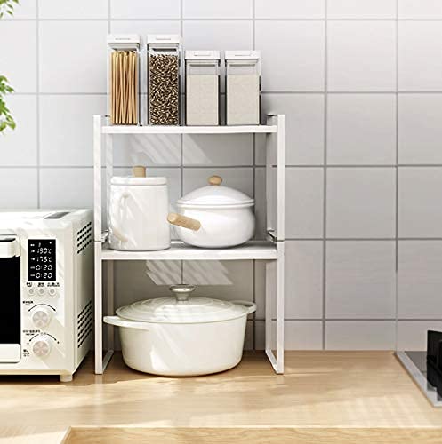 2pk Kitchen Cabinet Shelf Counter Organizer Rack Pantry Storage Bathroom Bedroom Office Table Desk Space Saving Steel Frame Stackable Rust Resistant Non Slip White-Tall- L13in W8.3in H9.5in - view 6