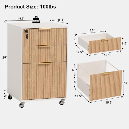 3 Drawers Fluted Mobile File Cabinet with Lock, Rolling File Cabinet Printer Stand Table, Under Desk Wooden Filing Cabinets for Home Office Essentials Storage Organization Furniture Letters/A4(Oak) - view 2