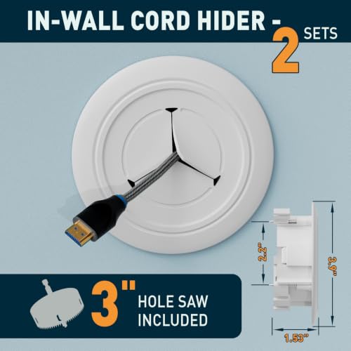 In-Wall Cable Hider 2 Sets, 3" Hole Saw Included, Wall Cable Management Kit for TV, Speaker, Monitor & Other Cables, Large Cable Pass Through with Locking Brackets, Cord Concealer for Clean Setup - view 2