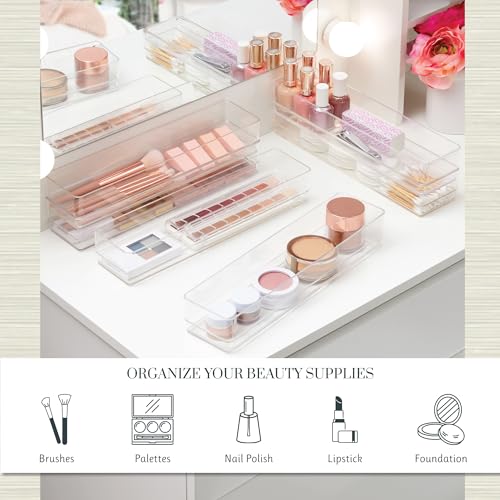 SimpleSort 6-Piece Stackable Clear Drawer Organizer Set | 12" x 3" x 2" Rectangle Trays | Narrow Makeup Vanity Storage Bins and Office Desk Drawer Dividers | Made in USA - view 3