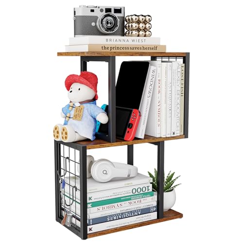 Desktop Bookshelf,3-Tier Desk Organizer Shelf with Hooks Desk Organization Deals for Office Storage Rustic Brown