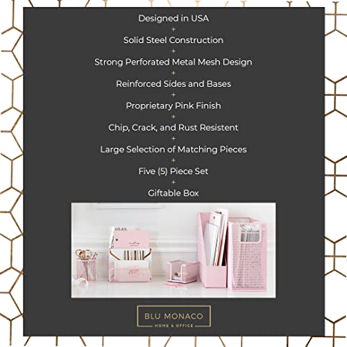 Pink Desk Organizer Set | 5 Piece Metal Office Desk Organizer with Hanging File Holder, Magazine Organizer, Pen Cup, Sticky Note Holder, Letter Sorter | Desk Organizers and Accessories - view 3