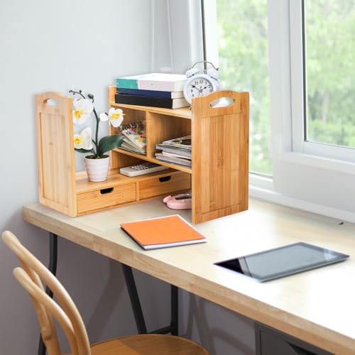 Bamboo Desktop Bookshelf, Expandable Counter Bookcase, Storage Shelves Rack Organizer with Anti-Slip Pads, Cute Small Desk Display Cubby Top for Office Supplies, No Assembly Needed - view 7