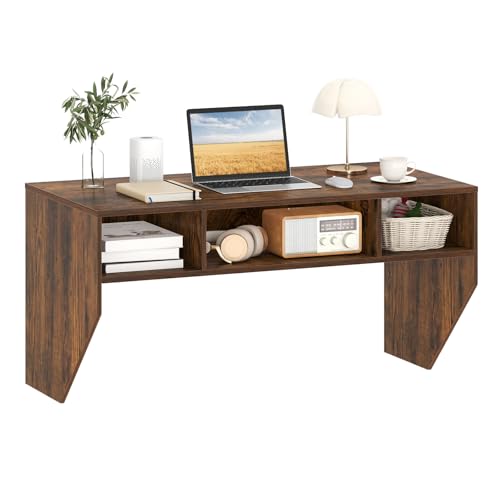 Wall-Mounted Computer Desk, Floating Laptop Desk with 3 Storage Compartments, Space-Saving Home Office Workstation Vanity Table for Bedroom, Study, Living Room (Rustic Brown)