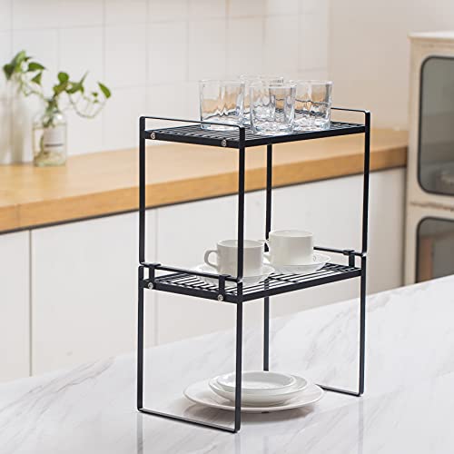 2pk Kitchen Cabinet Shelf Counter Organizer Rack Pantry Storage Bathroom Bedroom Office Table Desk Space Saving Steel Frame Stackable Rust Resistant Non Slip Black-Tall-L13in W8.3in H9.5in - view 2