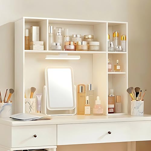 3 Tier Desktop Bookshelf with Rechargeable Eye-Friendly LED Desk Light, Desk Hutch Organizer with 5 Shelves, Wooden Desk Bookshelf for Office, Dorm and Small Space, White - view 4