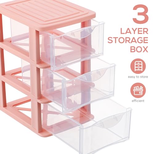 Pink Drawer Storage Box - 3 Drawer Plastic Organizer for Desk Makeup Stationery and Small Items - 9.05 X 6.88 X 5.31 Inch - view 5