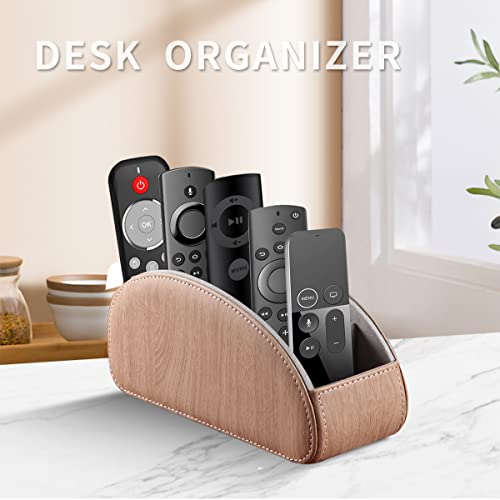 All-in-One Leather TV Remote Control Holder With 5 Compartments Nightstand Desktop DVD Media Player Remote Caddy Storage Box Organizer Tray For Makeup Brush Pen Stationary Table Controllers - view 3