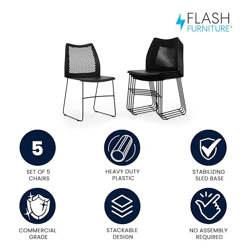 Hercules Series Contoured Lobby Chairs with Air-Vent Honeycomb Backs, Ergonomic Stacking Chairs for Offices, Set of 5, Black - view 4