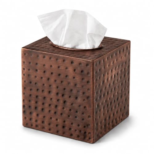 Tissue Box Cover Square – Hand Hammered Antique Copper Metal Tissue Holder Box for Bathroom Accessory, Aesthetic Decorative Facial Napkin Cube for Modern Home Decor