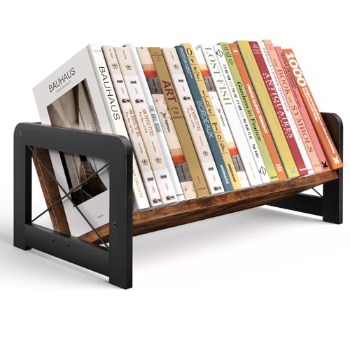 Desktop Bookshelf Organizer, Wood Slanted Desk Bookshelf, Small Tabletop Book Rack, Portable Mini Bookcase for Book Display, Cookbooks, Kids Reading, Office & Home Storage, Rustic Brown