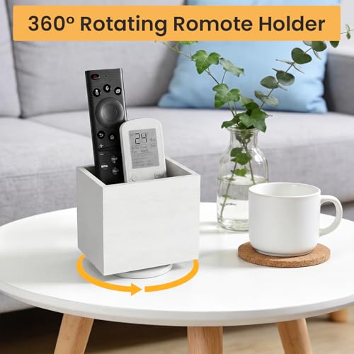 360° Rotating Remote Control Holder, Wooden TV Controller Holder, Remote Holder for Table, Desktop Caddy for Pen, Phone, Small Item Home Office School (White) - view 3