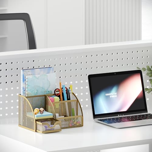 Mesh Desk Organizer with Drawer Multi-functional Pen Holder Stationery Organizer for Office School Supplies 6 Compartments Dorm Organizers and Storage for Desk, Gold - view 5