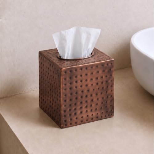 Tissue Box Cover Square – Hand Hammered Antique Copper Metal Tissue Holder Box for Bathroom Accessory, Aesthetic Decorative Facial Napkin Cube for Modern Home Decor - view 3