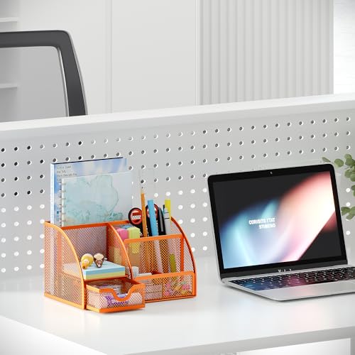 Mesh Desk Organizer with Drawer Multi-functional Pen Holder Stationery Organizer for Office School Supplies 6 Compartments Dorm Organizers and Storage for Desk, Orange - view 5