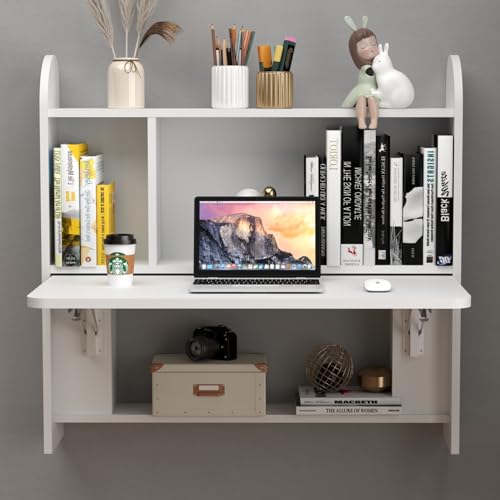 Wall Mounted Drop-Leaf Table, Floating Laptop Desk, Folding Table with Shelves, Multifunctional Computer Workstation with Storage Compartments in Home Office for Space Saving (White) - view 5