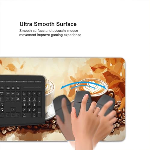 Coffee Desk Mat Gaming Mouse Pad Coffee Beans Leaves Leisure Work Large Gaming Mouse Mat with Stitched Edges,Non-Slip Waterproof Rubber Base Mouse Mat Office Computer Keyboard Laptop Home 31.5"x11.8" - view 5