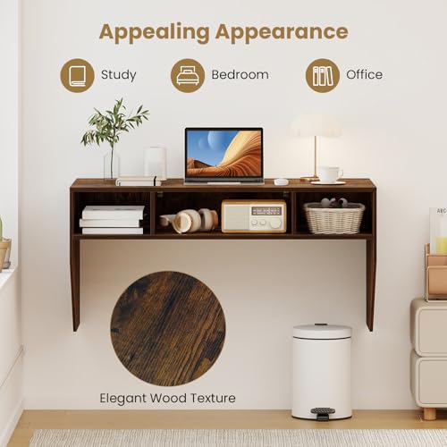 Wall-Mounted Computer Desk, Floating Laptop Desk with 3 Storage Compartments, Space-Saving Home Office Workstation Vanity Table for Bedroom, Study, Living Room (Rustic Brown) - view 6