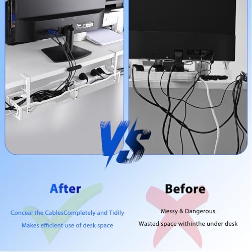 Under Desk Cable Management Box 25.3 Inch – Clamp-Mounted Cable Organizer Tray, Large Cord Management Box for Office & Home, Wire Organizer Under Desk Storage, White - view 5