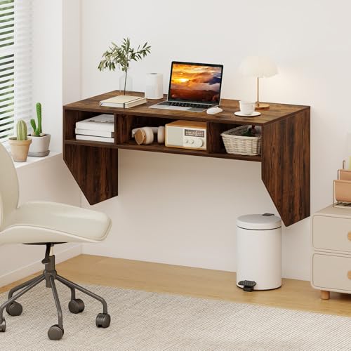Wall-Mounted Computer Desk, Floating Laptop Desk with 3 Storage Compartments, Space-Saving Home Office Workstation Vanity Table for Bedroom, Study, Living Room (Rustic Brown) - view 2