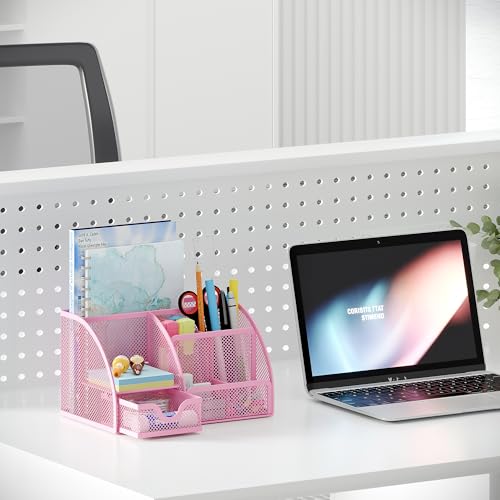 Mesh Desk Organizer with Drawer Multi-functional Pen Holder Stationery Organizer for Office School Supplies 6 Compartments Dorm Organizers and Storage for Desk, Light Pink - view 5
