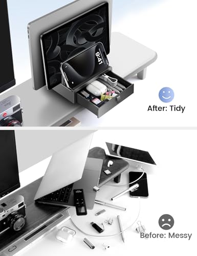 Vertical Laptop Stand with Drawer,Dual Slots Plastic Laptop Holder Storage with Space Saving 4-in-1 Design,Adjustable Laptop Organizer Stand for Desk,Supports MacBook,Chromebook,Surface,Dell - view 3