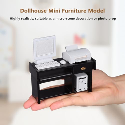 1:12 Dollhouse Office Furniture Set, Miniature Desk Chair Computer Printer Keyboard Accessories Black Office Scene Decor for Dollhouse Study Room - view 3