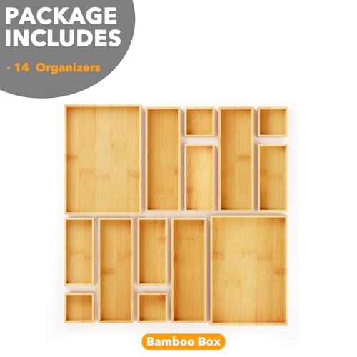 14-Piece Bamboo Drawer Organizer Storage Boxes Set, Wood Tray Junk Drawer Organizers Multi-Use Divider Bins for Kitchen, Bathroom, Office Desk and Makeup Organization (14 Pack, Natural) - view 6