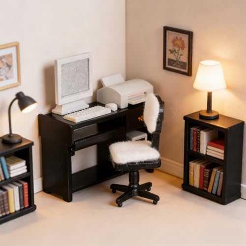 1:12 Dollhouse Office Furniture Set, Miniature Desk Chair Computer Printer Keyboard Accessories Black Office Scene Decor for Dollhouse Study Room - view 6