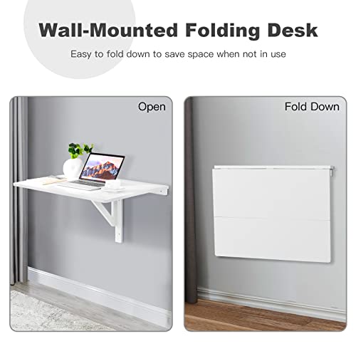 Wall Mounted Folding Table, 31.5" x 23.5" Drop-Leaf Floating Writing Desk for Small Spaces, Space-Saving Fold Down Laptop Workstation for Kitchen, Bedroom, Laundry Room, Study Room (White) - view 7