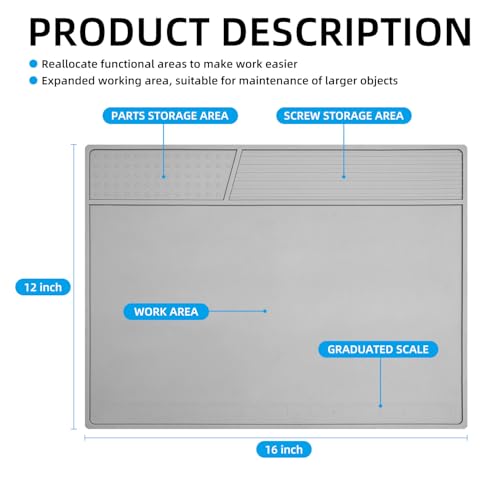 Grey Soldering Mat Heat Resistant 932℉ Solder Mat, With Scale Ruler And Screw Position, Silicone Repair, For Electronics, Computer, Phone, Magnetic Work, Indicators, Size 16 * 12 in - view 4