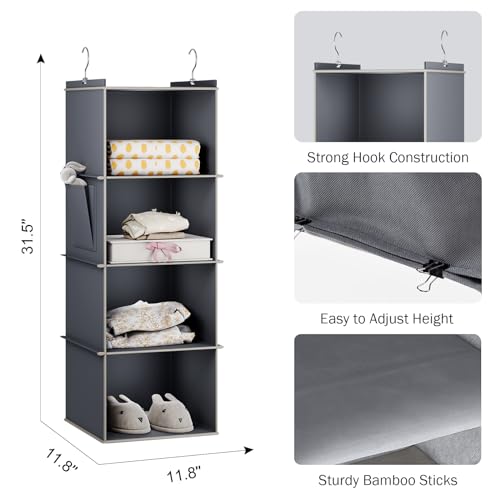 Hanging Closet Organizer and Storage for Clothes, 4-Shelf, Grey - view 3