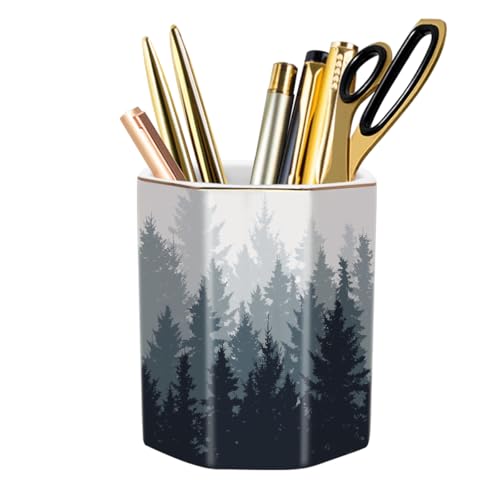 Pencil Pen Holder for Desk, Cute Makeup Brush Holder, Desktop Supplies and Accessories for Women Students, Art Supply Caddy, Forest Pattern