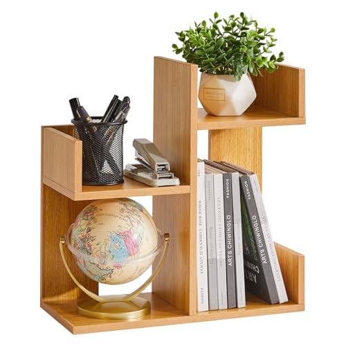 Short Bookshelf Small Desk Organizer, Cactus Bookshelf Unique Bookcase, Book Display Shelf Small Plant Stand for Tabletop, Natural Wood Color YD-DSR002N