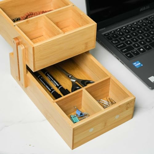 Bamboo Desktop Organizer Box with Drawer, 2-Tier Bamboo Storage Organizer with Compartments, Natural Bamboo Desk Organizer for Office Supplies, Tea Accessories, Makeup & Small Items - view 7