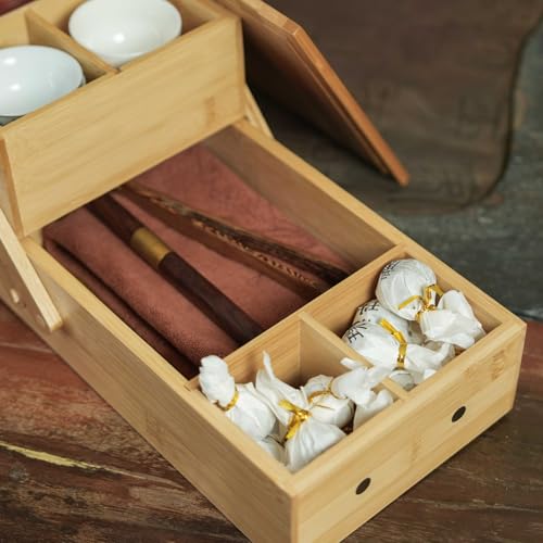Bamboo Desktop Organizer Box with Drawer, 2-Tier Bamboo Storage Organizer with Compartments, Natural Bamboo Desk Organizer for Office Supplies, Tea Accessories, Makeup & Small Items - view 5