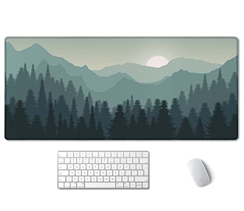 Sunset Mountains Landscape Green Desk Mat, Extra Large Desk Mat, Large Gaming Mouse Pad, Extended Mouse Pad, Gaming Keyboard Mat, Non-Slip Laptop Computer Keyboard Mousepad for Office and Home