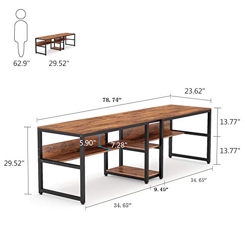 Two Person Desk with Bookshelf, 78.7 Computer Office Double Desk for Two Person, Rustic Writing Desk Workstation with Shelf for Home Office (Brown) - view 3