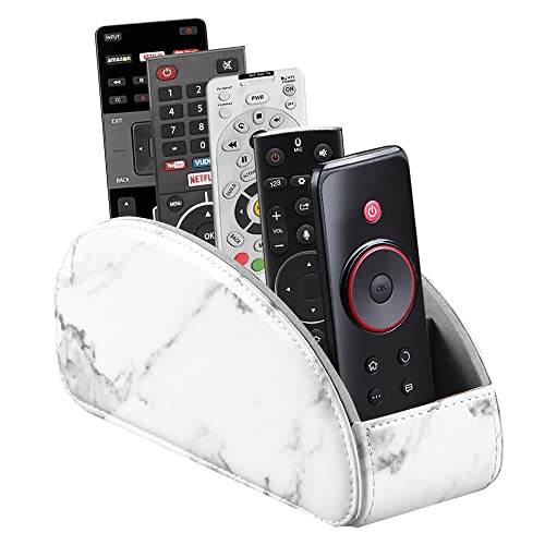 Arnice PU Leather Remote Holder, Arc Shape Caddy Desktop Organizer with 5 Spaces for TV, DVD Remotes, Media Controllers, Pen, Pencil, Office Supplies (White)