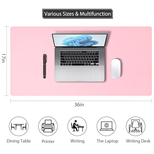 Mouse Pad Desk Protector Mat, Large PU Leather Office Desk Mat, Non-Slip Desk Pad for Keyboard and Mouse, Waterproof Desk Blotter Pad for Writing, Wide & Smooth Laptop Desk Pads, Pink (17’’X36’’) - view 2