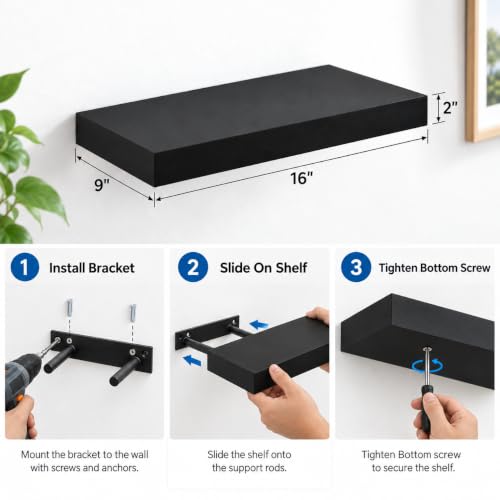16" Black Floating Shelf for Wall, Bathroom Wall Shelf - view 3