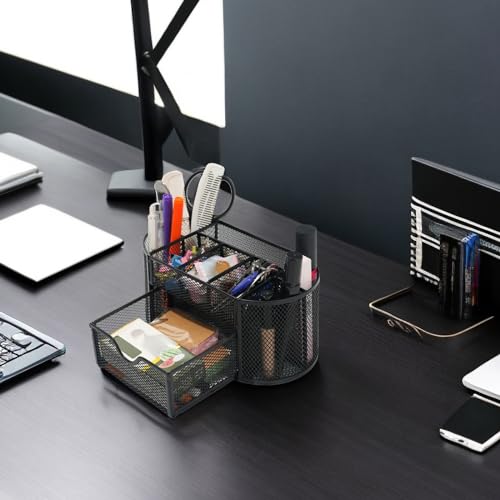 Desk Organizers and Accessories with Pencil Pen Holder Supply 8 Compartments and 1 Pullout Drawer for Home, School, and Office. (Black) - view 5
