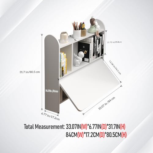 Wall Mounted Drop-Leaf Table, Floating Laptop Desk, Folding Table with Shelves, Multifunctional Computer Workstation with Storage Compartments in Home Office for Space Saving (White) - view 2