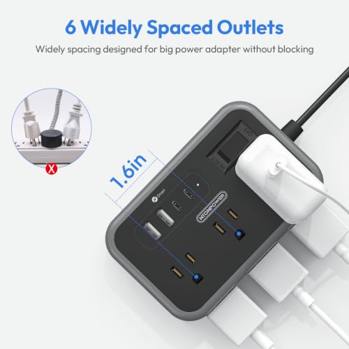 Flat Plug Extension Cord 10 Ft, 6 Widely Spaced Outlet(2 Side) Power Strip with 4 USB Ports, Overload Protection, Wall Mount Charging Station for Home Office, Nightstand and dorm room, Black - view 3