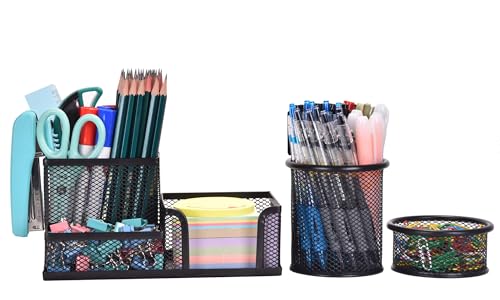 Mesh Desk Organizer, Set of 3 Pen Holder Office Desk Accessories with Pencil Holder Sticky Note Holder, Pencil Cup and Paperclips Cup