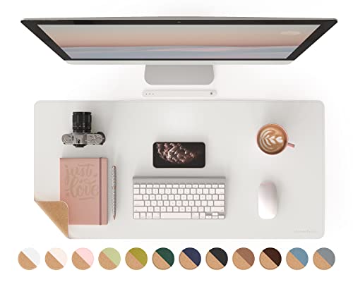 Dual-Sided Mouse Pad, Natural Cork & PU Leather Large Desk Pad for Office and Home Work, Desk Protector Non-Slip, Waterproof, Easy Clean (White, 36"x17")