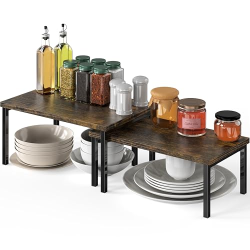 Stackable Cabinet Counter Shelf Wooden Top, Rustic Brown