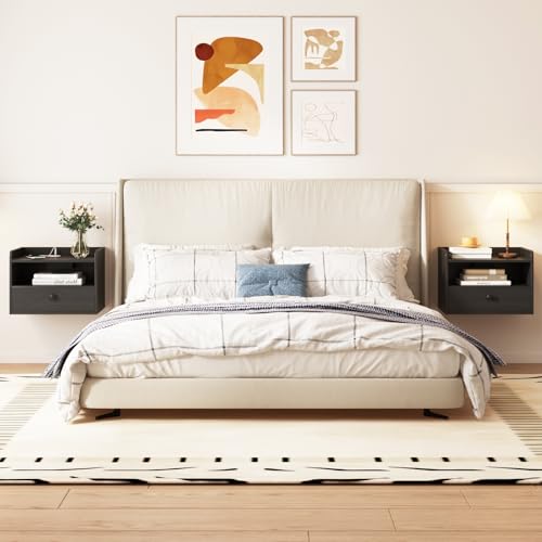 Floating Nightstand Set of 2 Modern Night Stands with Drawer and Open Shelf - view 3