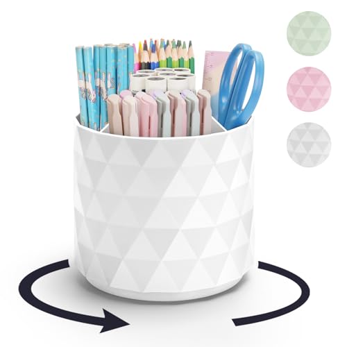 Desk Organizer,Sparkling Diamond-like Pen Holder for Desk 360°Rotating Office Accessories,Pencil Cup with 5 Compartments Storage Box Caddy for Office,School,Home,Art Supply(White)