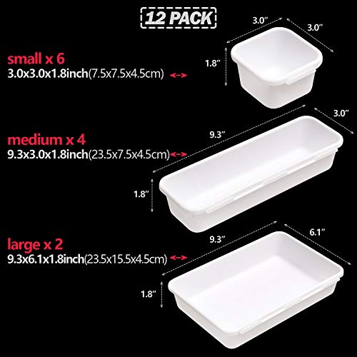 Set of 12 Interlocking Desk Drawer Organizer Tray Dividers Plastic Shallow Narrow Drawers Organizers Separators Storage Bins Container for Kitchen Bathroom Makeup Office Vanity Bedroom Dresser White - view 3